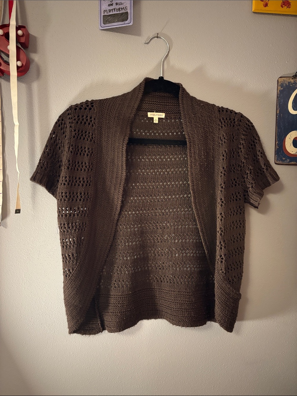 y2k brown knitted cardigan / Maurices Brown Short-Sleeve Open-Knit Cardigan